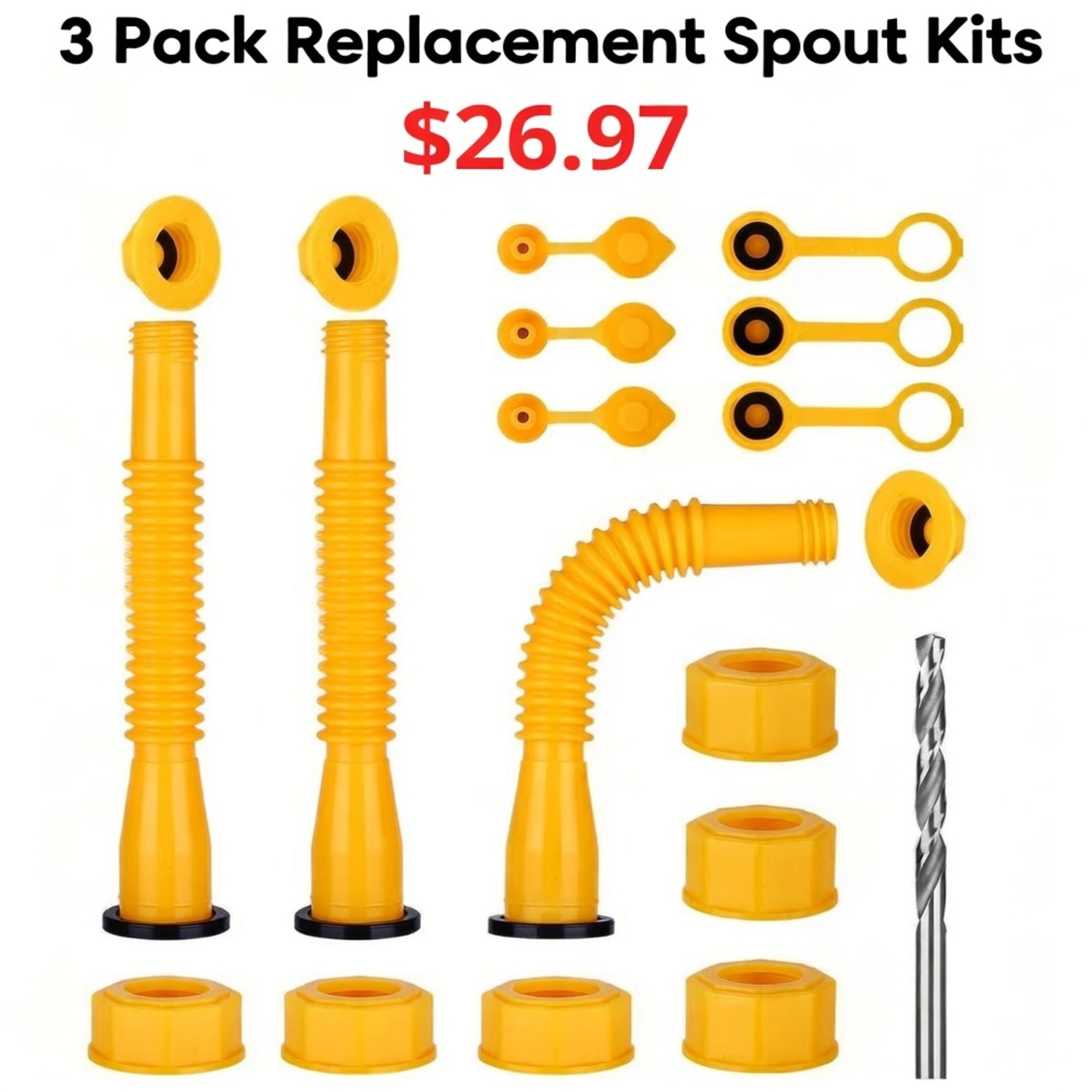 Set of 3 Flexible Universal Gas Can Spout Replacement Kits - Yellow