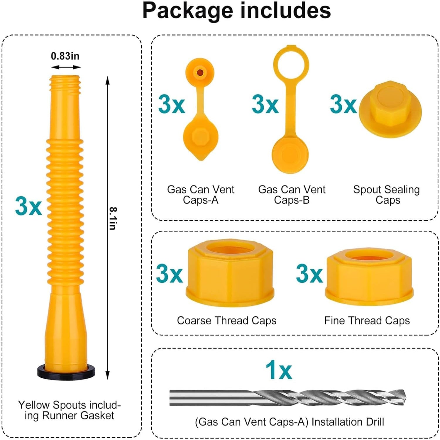 Set of 3 Flexible Universal Gas Can Spout Replacement Kits - Yellow
