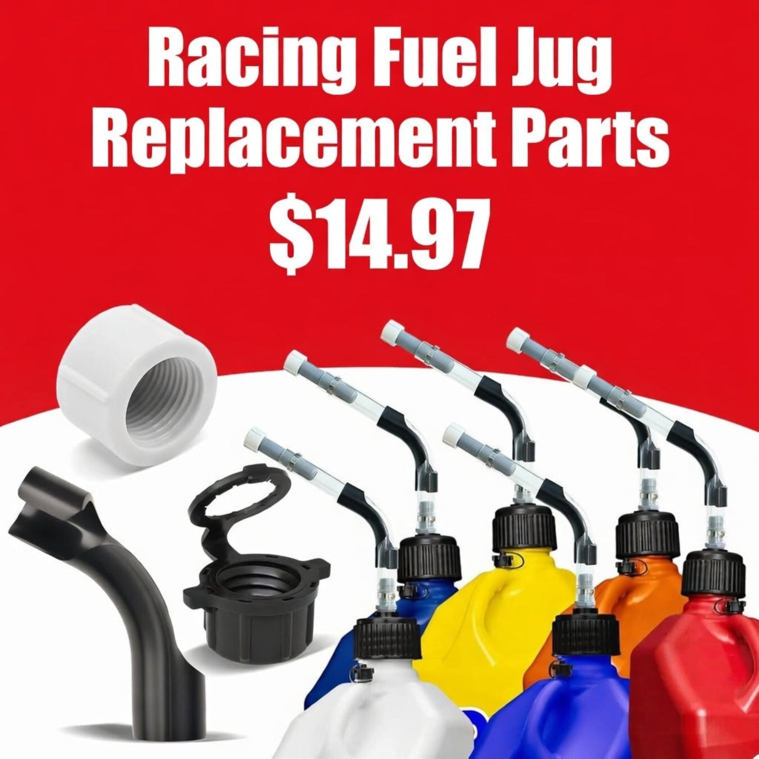 Racing Fuel Jug 7 PCS Replacement Parts: 3 Hose Caps, 3 Vent Caps, 1 Angled Hose Bender