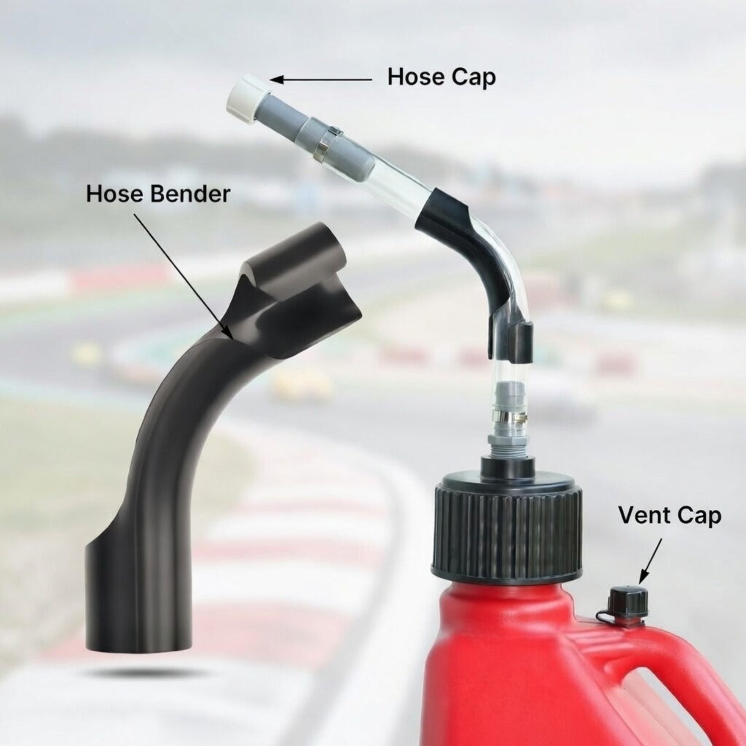 Racing Fuel Jug 7 PCS Replacement Parts: 3 Hose Caps, 3 Vent Caps, 1 Angled Hose Bender